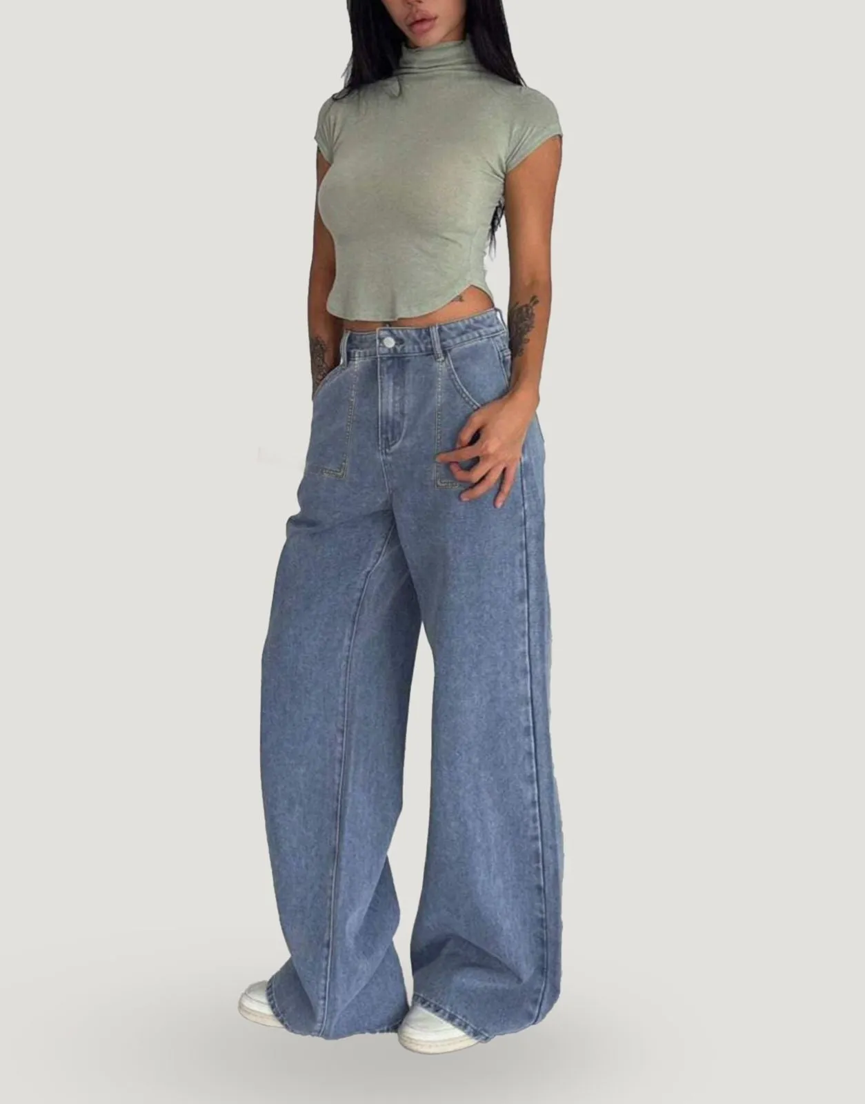 Wide Leg Flap Pocket Jeans Stone Blue