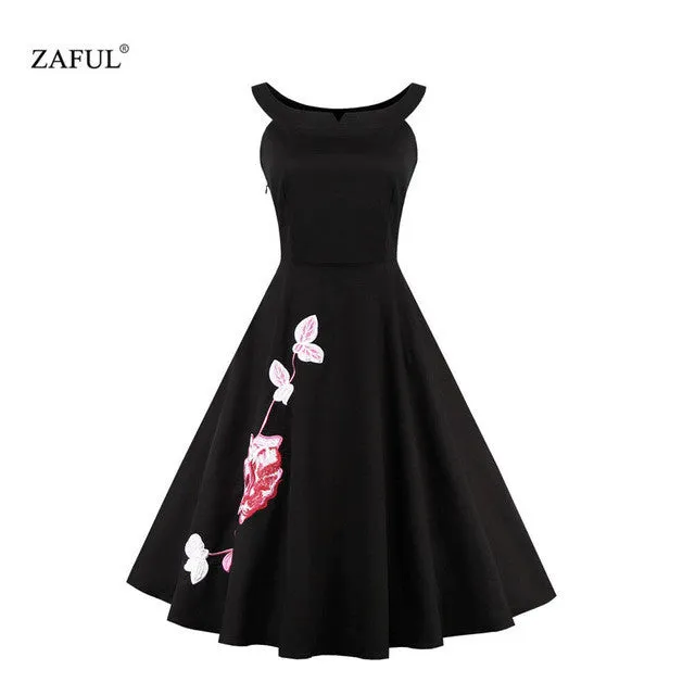 Women Vintage robe 50s Black Embroidery Sleeveless Swing Party Dress Feminino Vestidos