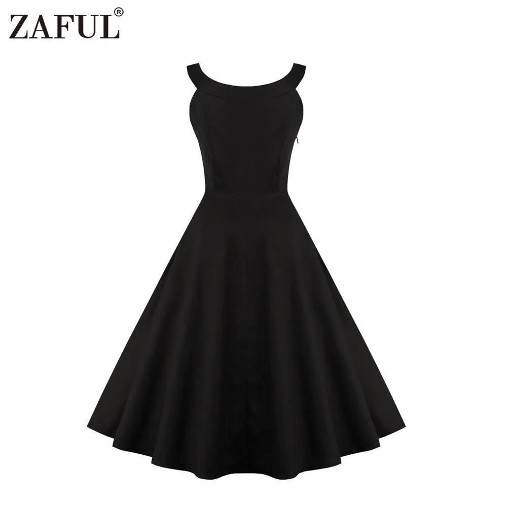 Women Vintage robe 50s Black Embroidery Sleeveless Swing Party Dress Feminino Vestidos