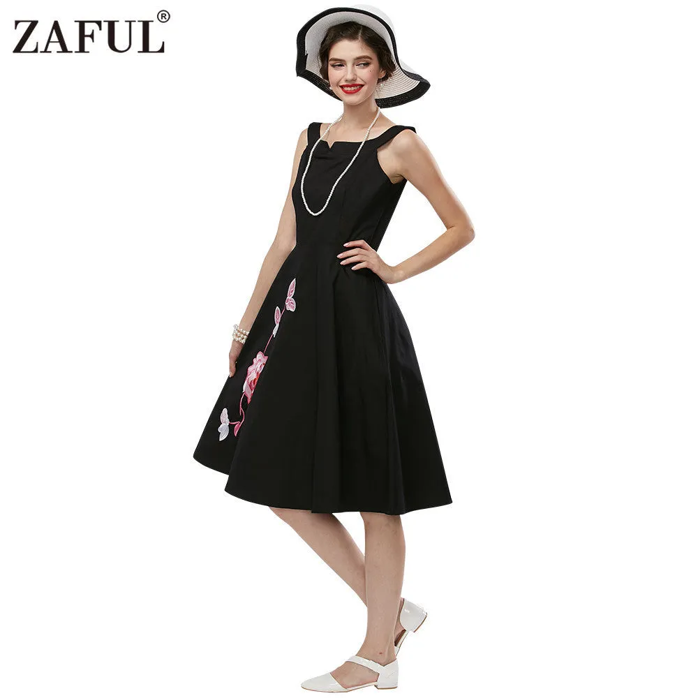 Women Vintage robe 50s Black Embroidery Sleeveless Swing Party Dress Feminino Vestidos