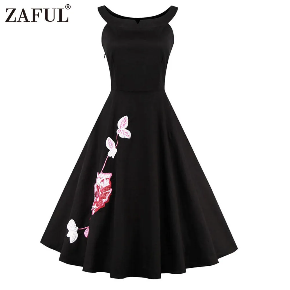 Women Vintage robe 50s Black Embroidery Sleeveless Swing Party Dress Feminino Vestidos